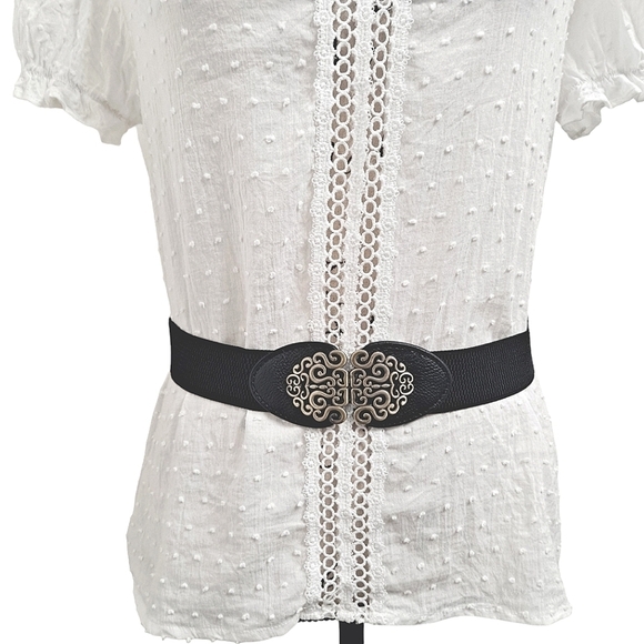 Black gold floral buckle faux leather corset boho stretch waist statement belt - Picture 5 of 12